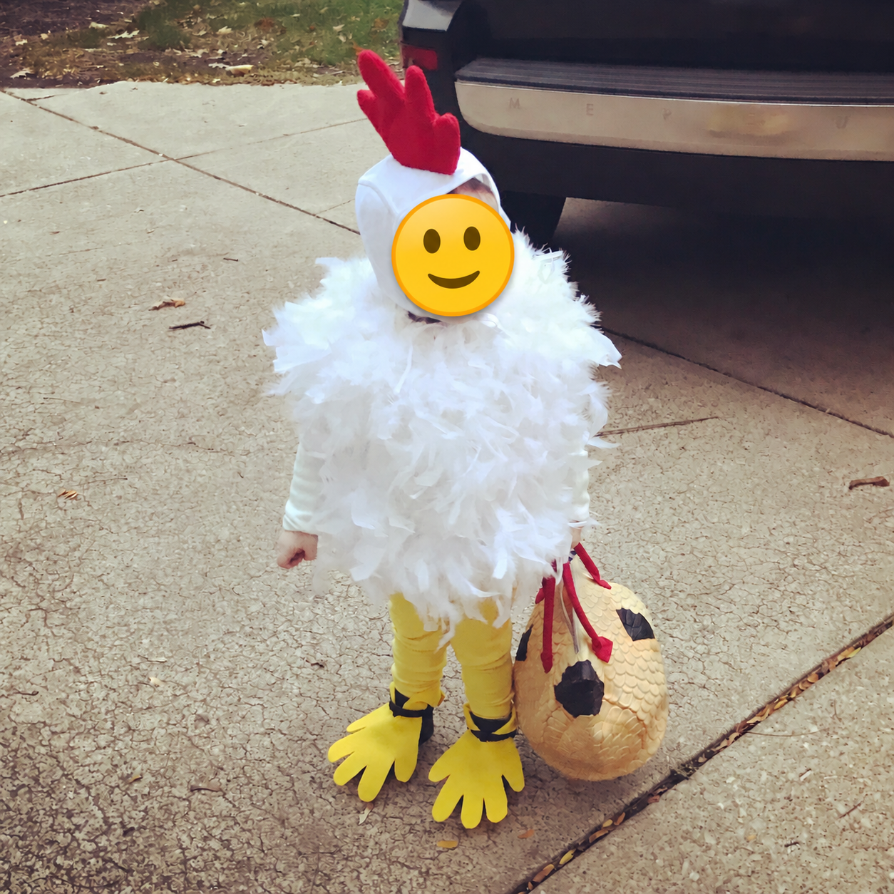 Child wearing Fran’s finished no sew chicken costume with a smiley emoji covering the face